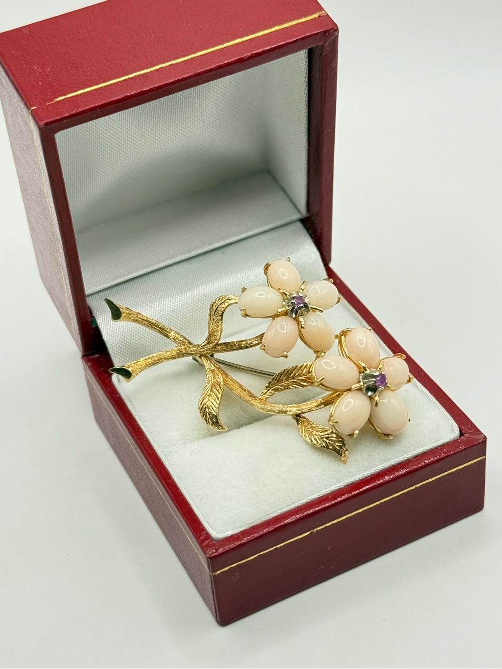 Vintage 18k Birks White & Yellow gold Brooch Corail & Rubies